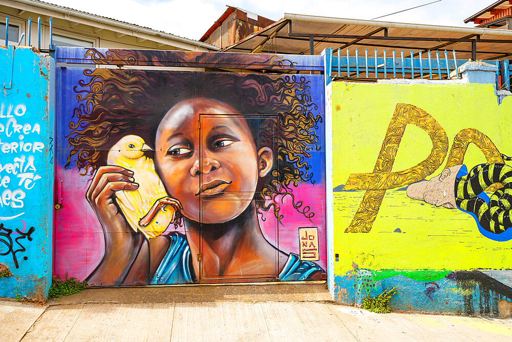 Painted mural of residential house, Cerro Alegre, Valparaiso, Chile