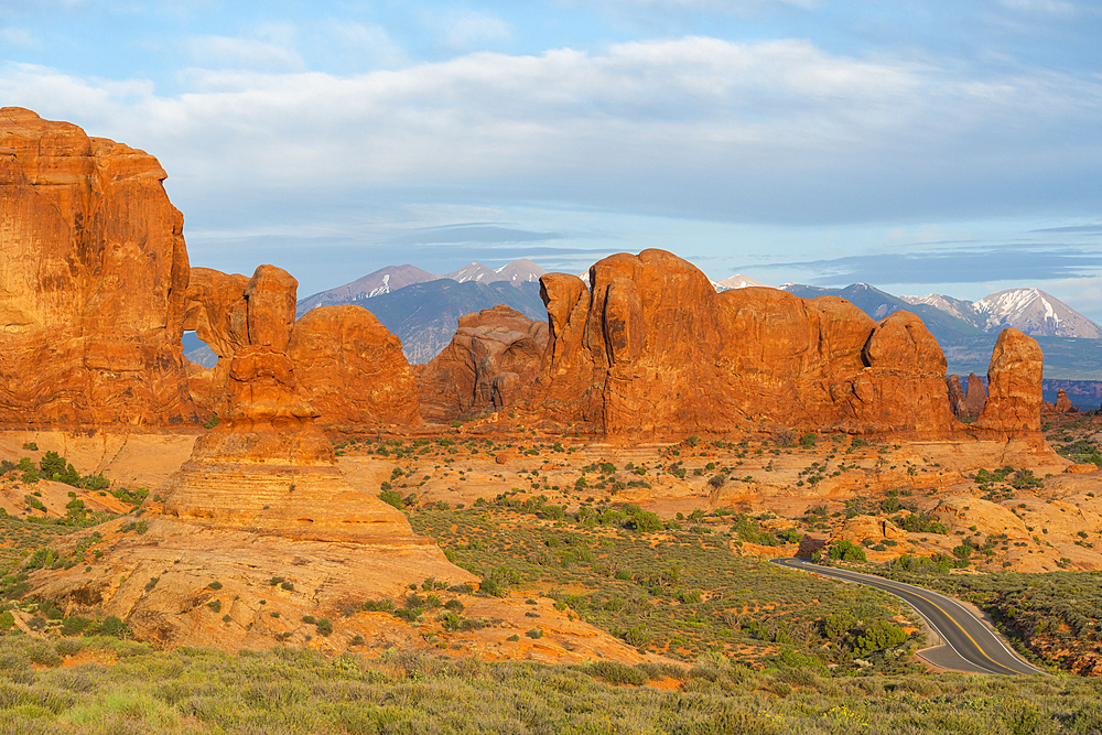 Rock formations at Windows Section against La Sal Mountains, Arches National Park, Utah, USA