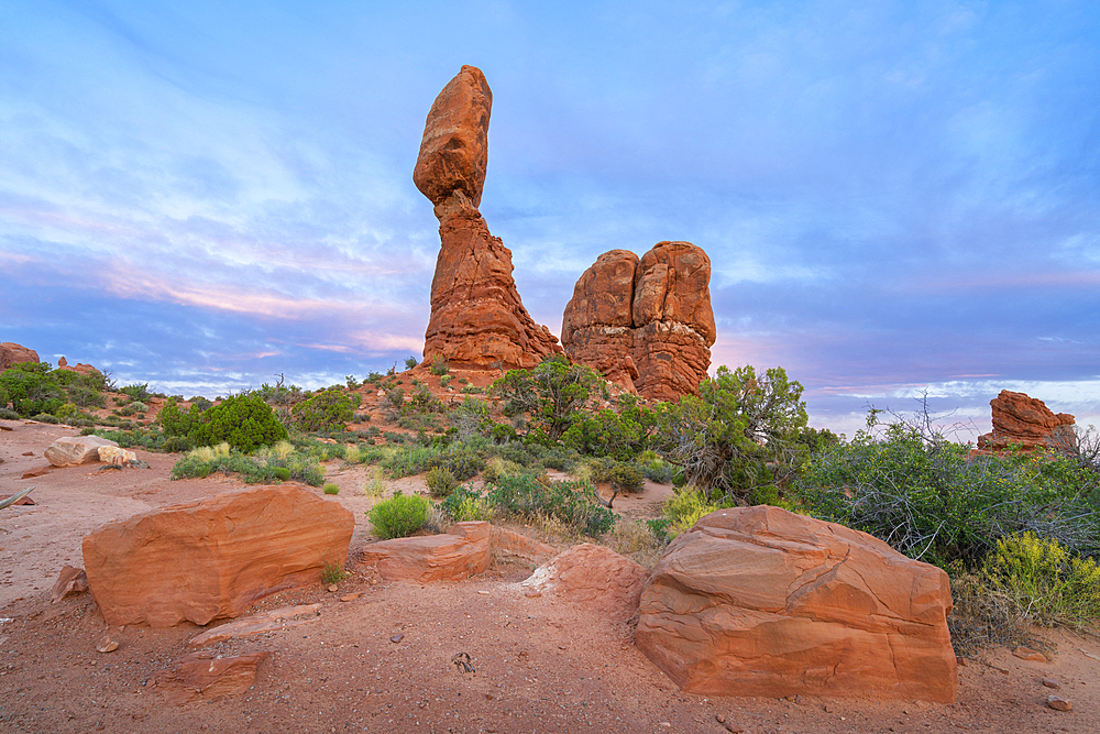 Balanced Rock rock formation at sunset, Arches National Park, Utah, USA