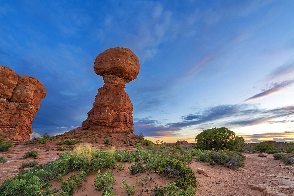 Balanced Rock rock formation at sunset, Arches National Park, Utah, United States of America, North America