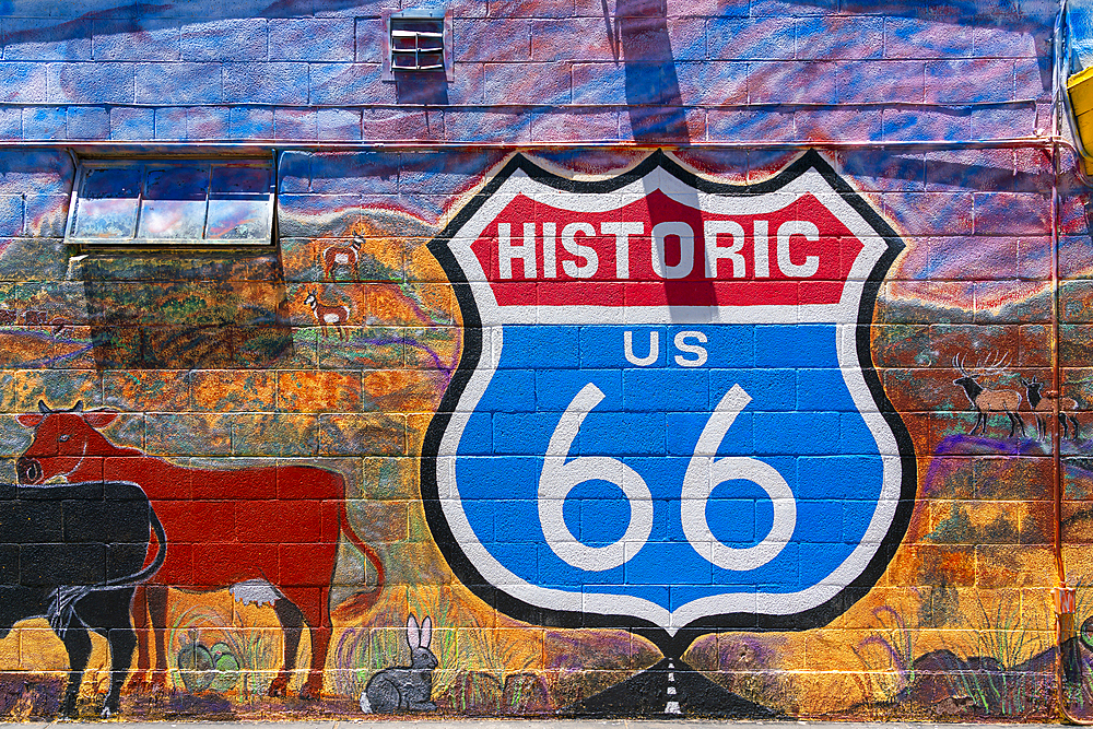 Painted Route 66 sign on wall, Seligman, Arizona, United States of America, North America