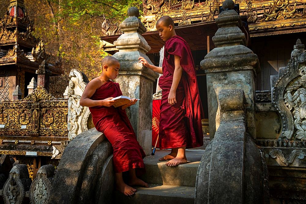 Two novice monks at monastery, Mandalay, Myanmar