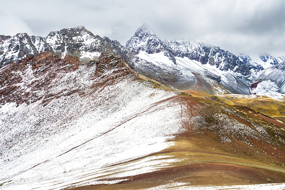 Snow-covered landscape near Rainbow Mountain (Vinicunca), Cusco, Peru, South America