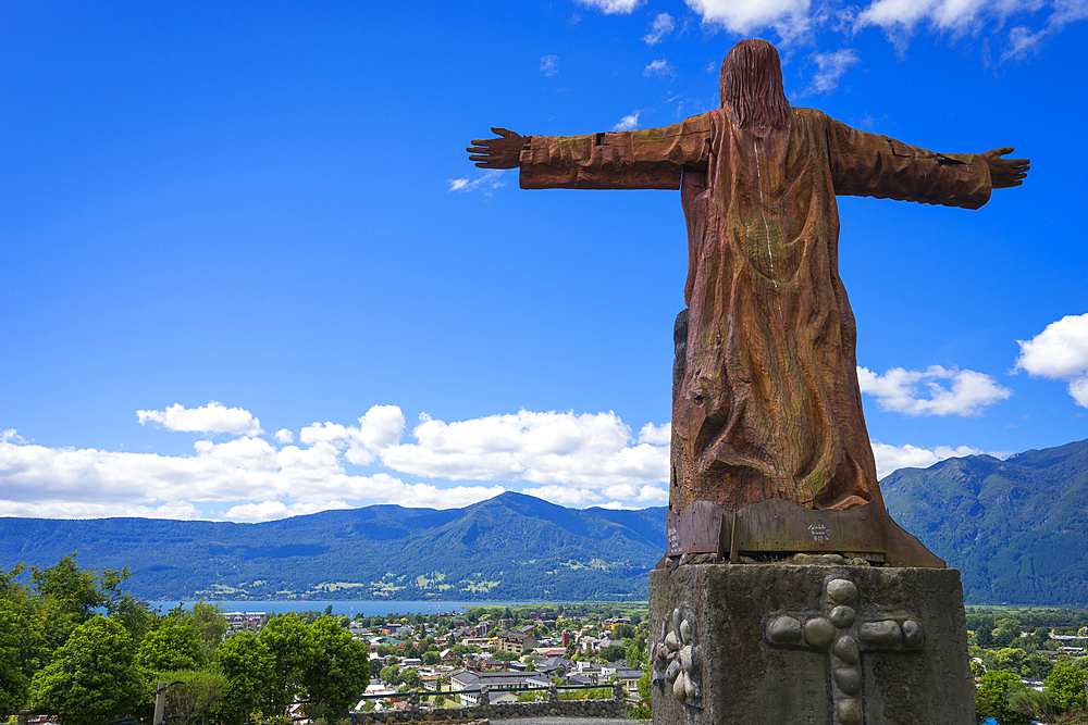 Wooden statue of Christ, Mirador El Cristo, Pucon, Chile, South America