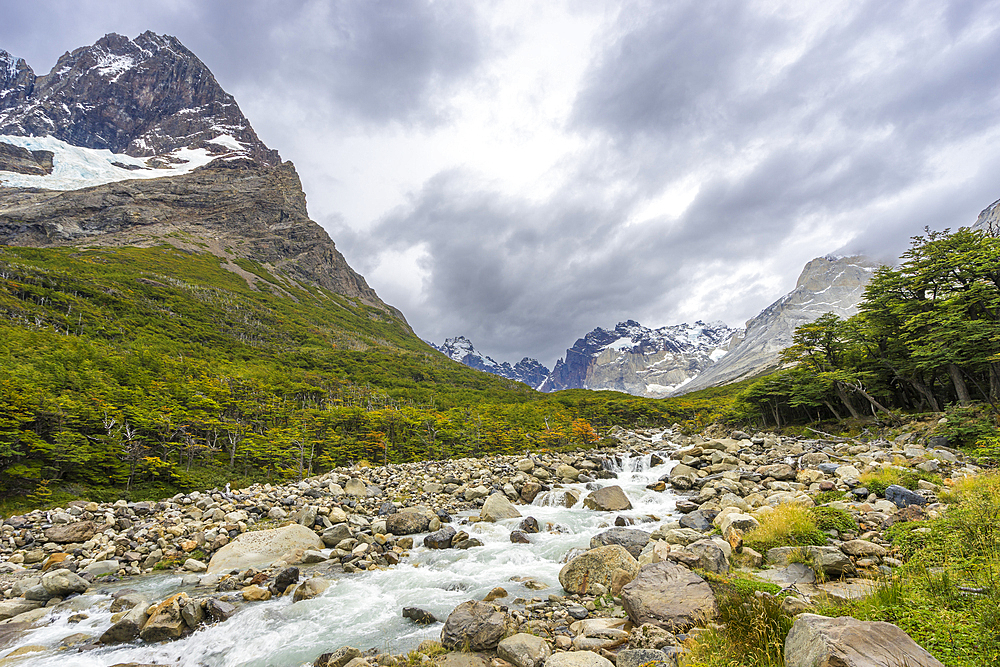 River flowing by Paine Grande mountain in French Valley, Torres del Paine National Park, Patagonia, Chile, South America