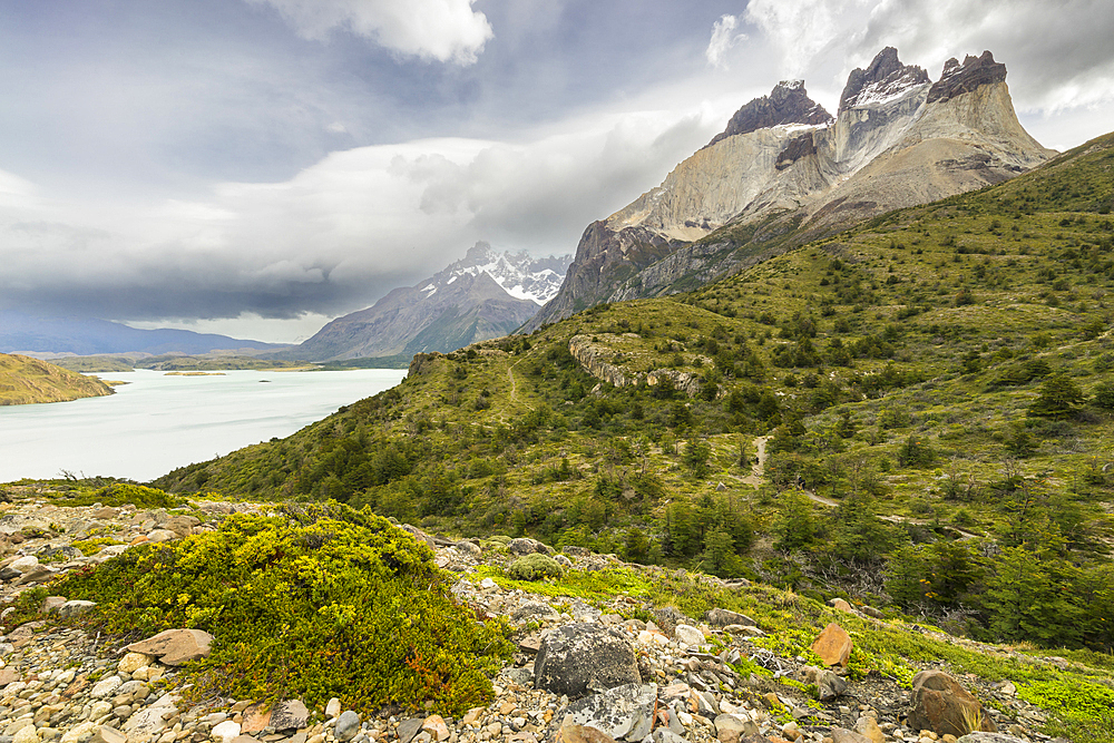 Lake Nordenskjold and peaks of Los Cuernos, Torres del Paine National Park, Patagonia, Chile, South America