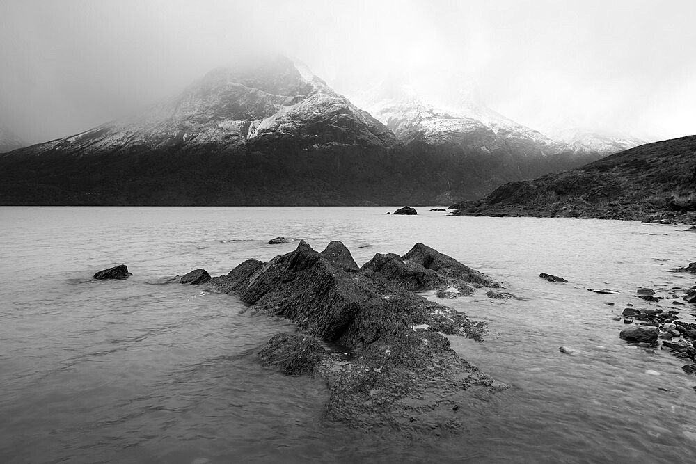 Los Cuernos peaks hiding in fog, Torres del Paine National Park, Patagonia, Chile, South America