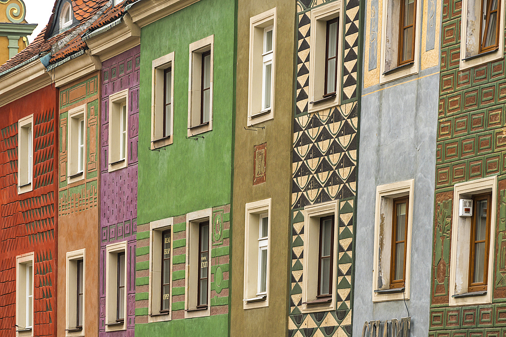 Detail of colorful merchants houses at Old Market Square, Poznan, Poland, Europe