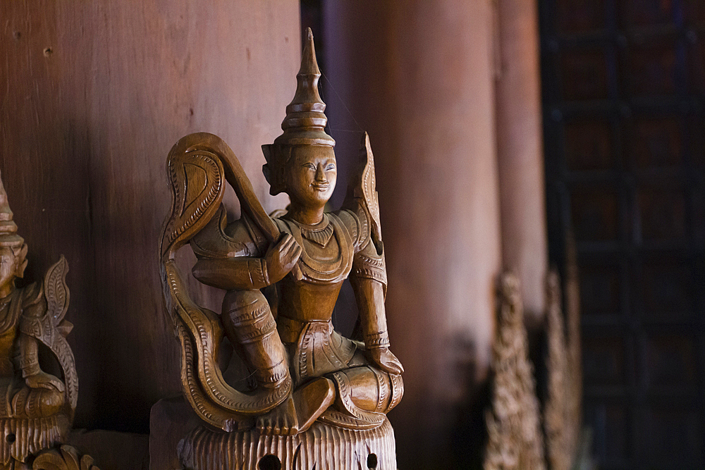 Wooden Buddha statue decoration inside wooden temple, Shwenandaw Temple, Mandalay, Myanmar (Burma), Asia