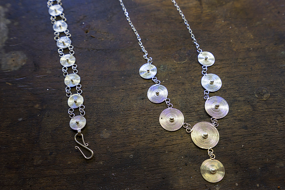 Detail of silver jewellery at silver workshop, Lake Inle, Shan State, Myanmar (Burma), Asia