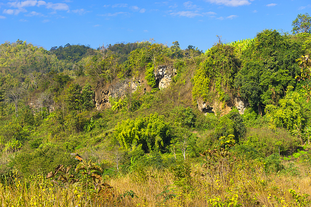 Limestone rocks in countryside near Hsipaw, Shan State, Myanmar (Burma), Asia