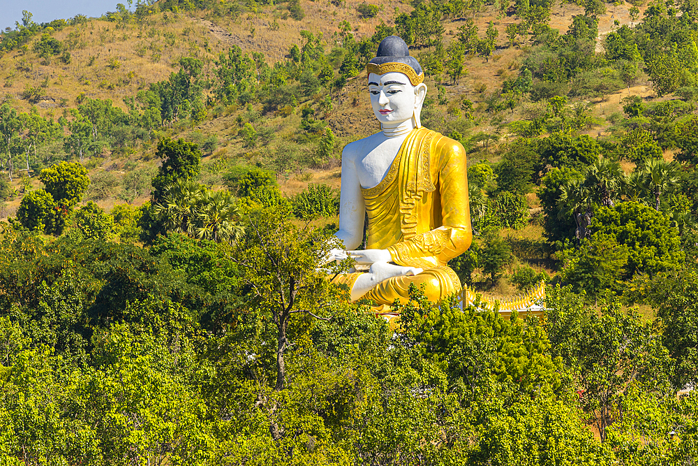 Large sitting Buddha statue near Maha Bodhi Ta Htaung Standing Buddha, Monywa, Myanmar (Burma), Asia