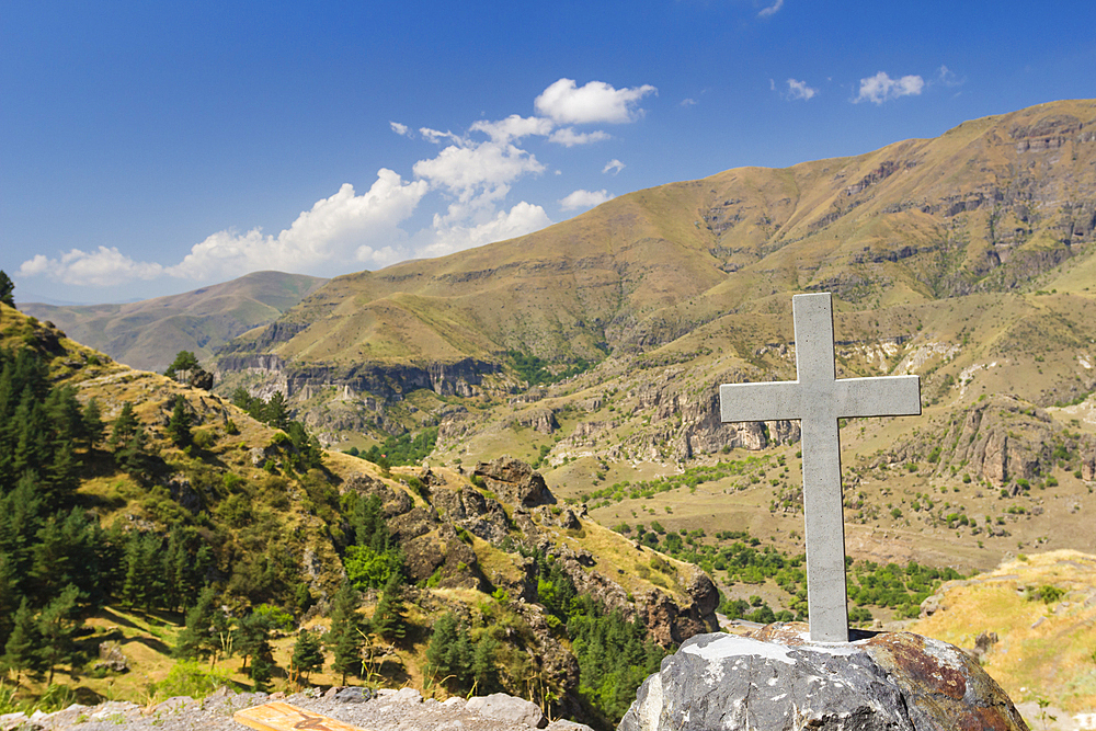 Cross made of stone at church built on in the rock in Vanis Kvabebi Monastery near Vardzia, Aspindza, Samtskhe-Javakheti, Georgia, Central Asia, Asia