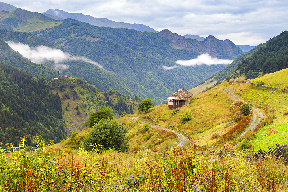 House in mountains near Ushguli, Svaneti mountains, Caucasian mountains, Georgia, Central Asia, Asia