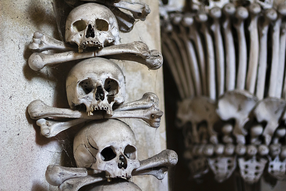 Decoration made of human skulls and bones, interior of Sedlec Ossuary, UNESCO World Heritage Site, Kutna Hora, Czech Republic (Czechia), Europe