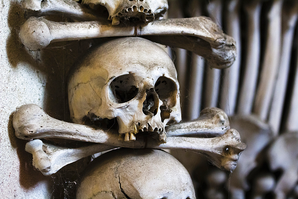 Decoration made of human skulls and bones, interior of Sedlec Ossuary, UNESCO World Heritage Site, Kutna Hora, Czech Republic (Czechia), Europe