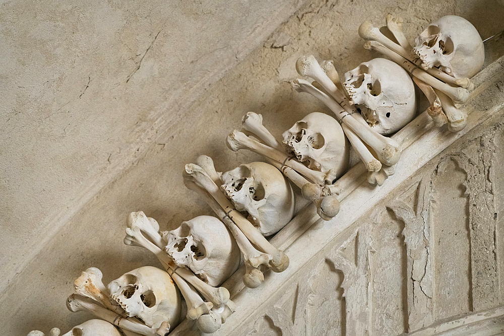 Decoration made of human skulls and bones, interior of Sedlec Ossuary, UNESCO World Heritage Site, Kutna Hora, Czech Republic (Czechia), Europe