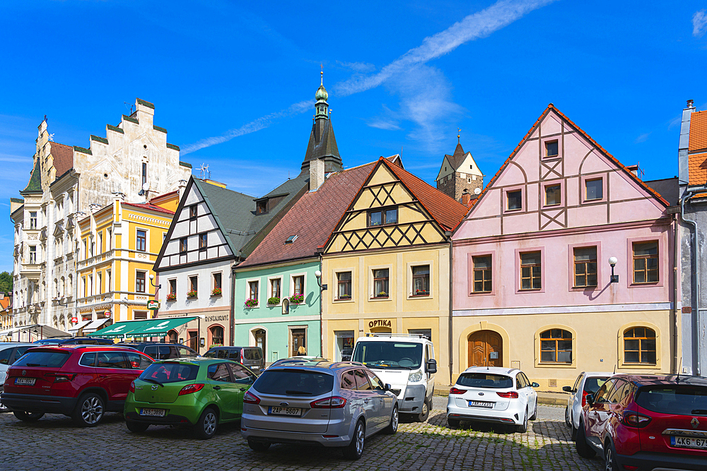 Houses at Marketplace square in Loket, Sokolov District, Karlovy Vary Region, Bohemia, Czech Republic (Czechia), Europe