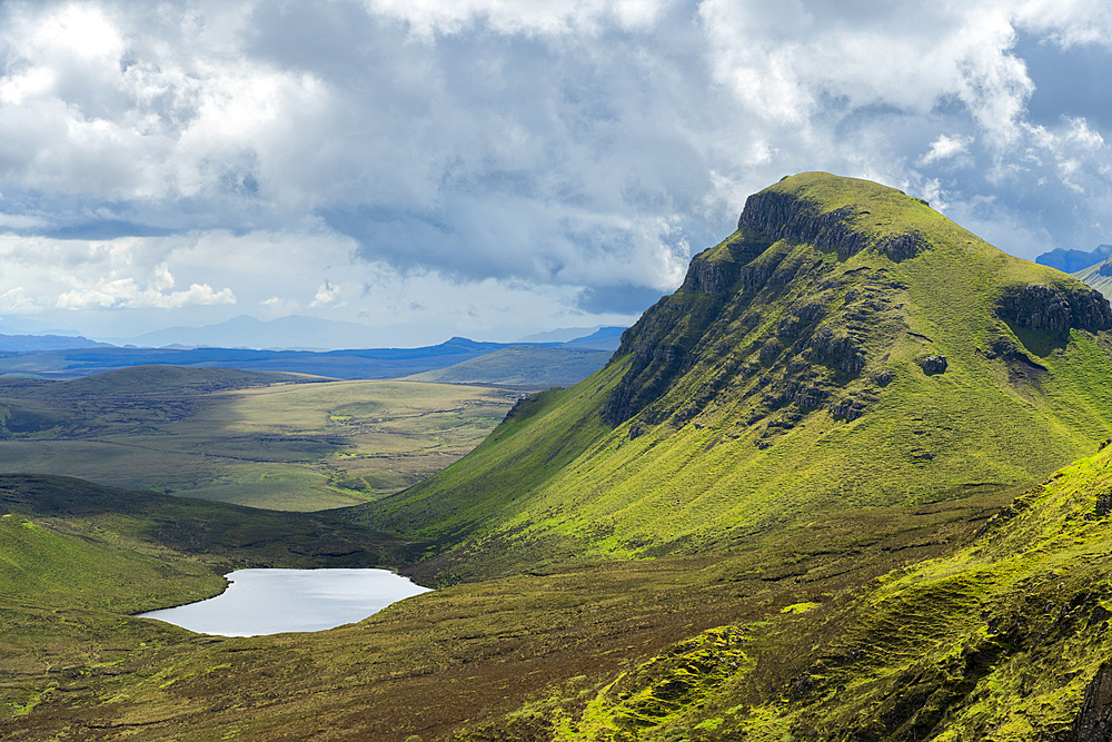 Cleat Rock and Loch Cleat at sunset, Quiraing, Trotternish, Isle of Skye, Inner Hebrides, Scottish Highlands, Scotland, United Kingdom, Europe