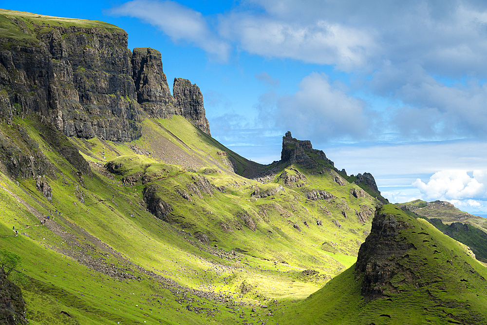 Scenic view of green landscape at Quiraing, Isle of Skye, Inner Hebrides, Highland Region, Scotland, United Kingdom, Europe