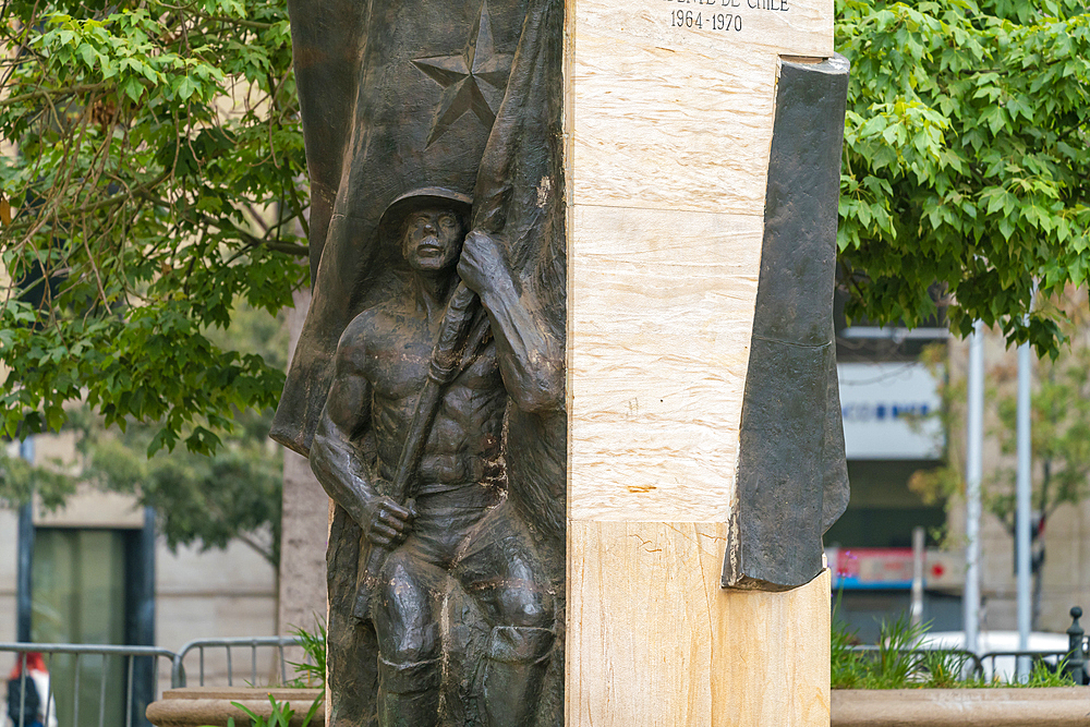 Statue of a soldier as part of statue of Chilean president Eduardo Frei Montalva at Plaza de la Constitucion in front of La Moneda palace, Santiago, Santiago Metropolitan Region, Chile, South America