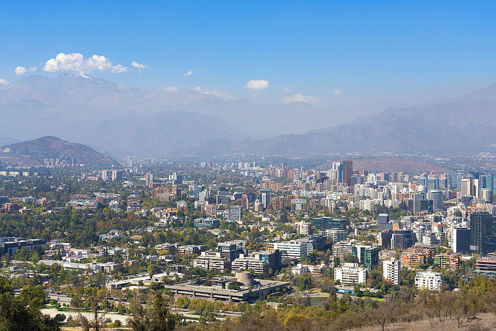 Vitacura and Jardin del Este neighborhoods seen from San Cristobal Hill (Metropolitan Park) with Andes in background, Santiago Metropolitan Region, Chile, South America