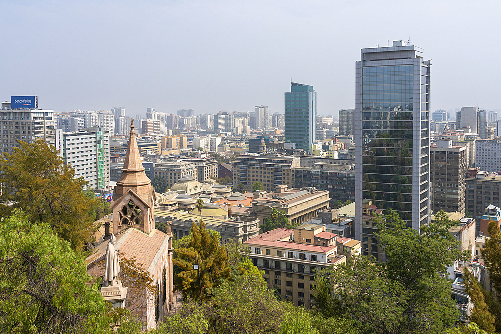 High-rise buildings of Santiago city center seen from top of Santa Lucia Hill, Santiago Metropolitan Region, Chile, South America