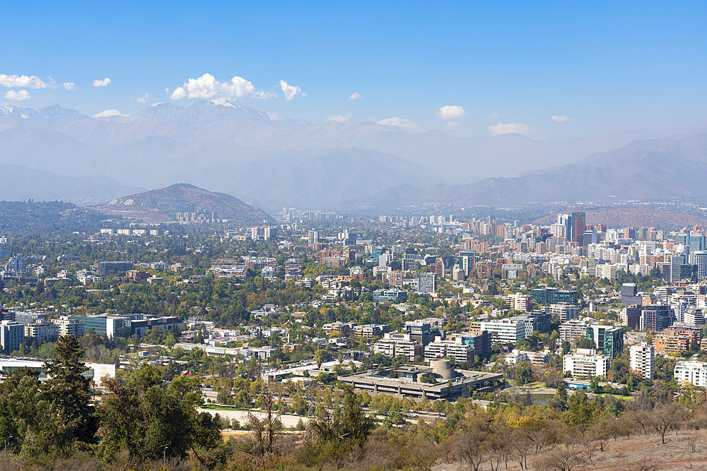 Vitacura and Jardin del Este neighborhoods seen from San Cristobal Hill (Metropolitan Park) with Andes in background, Santiago Metropolitan Region, Chile, South America