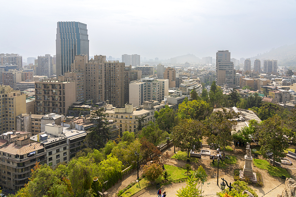 High-rise buildings of Santiago city center seen from top of Santa Lucia Hill, Santiago Metropolitan Region, Chile, South America