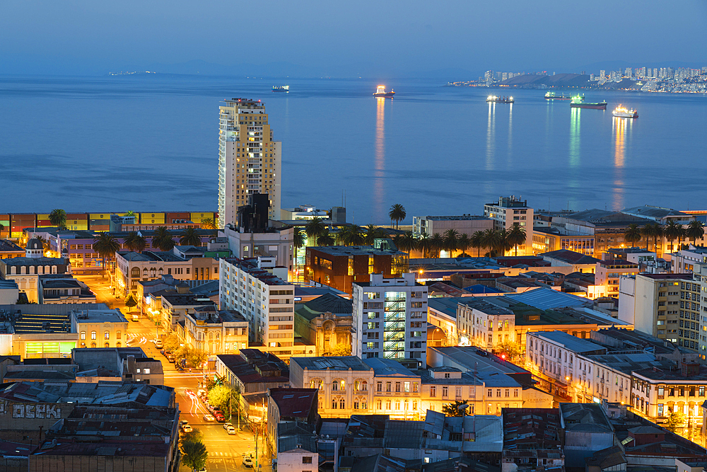 Valparaiso city center at twilight, Valparaiso Province, Valparaiso Region, Chile, South America