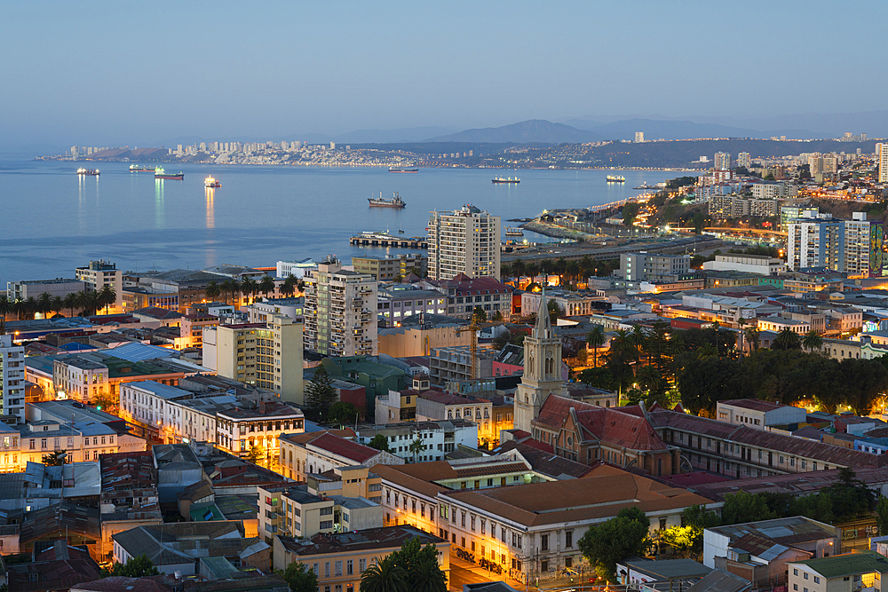 Church De Los Sagrados Corazones at twilight, Valparaiso, Valparaiso Province, Valparaiso Region, Chile, South America