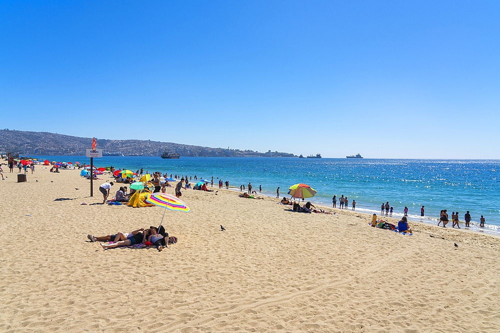 People sun bathing at Caleta Portales beach, Valparaiso, Valparaiso Province, Valparaiso Region, Chile, South America