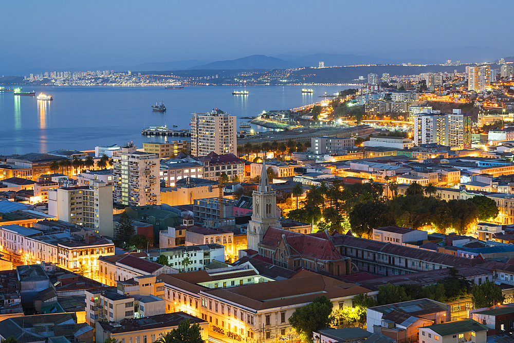 Church De Los Sagrados Corazones at twilight, Valparaiso, Valparaiso Province, Valparaiso Region, Chile, South America