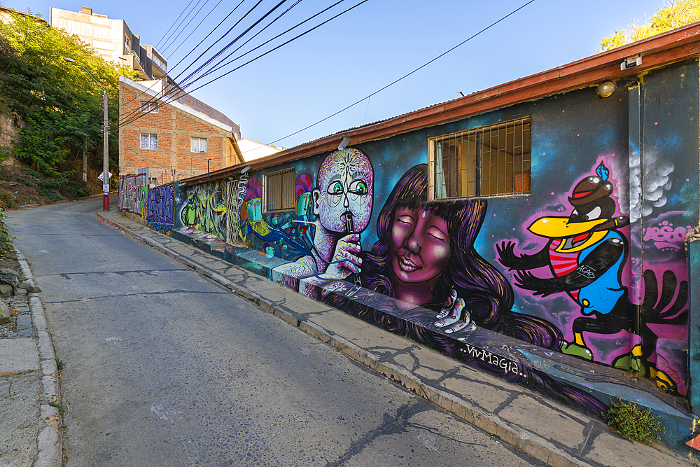 Painted mural at Pasaje Atahualpa, Cerro Carcel, Valparaiso, Valparaiso Province, Valparaiso Region, Chile, South America