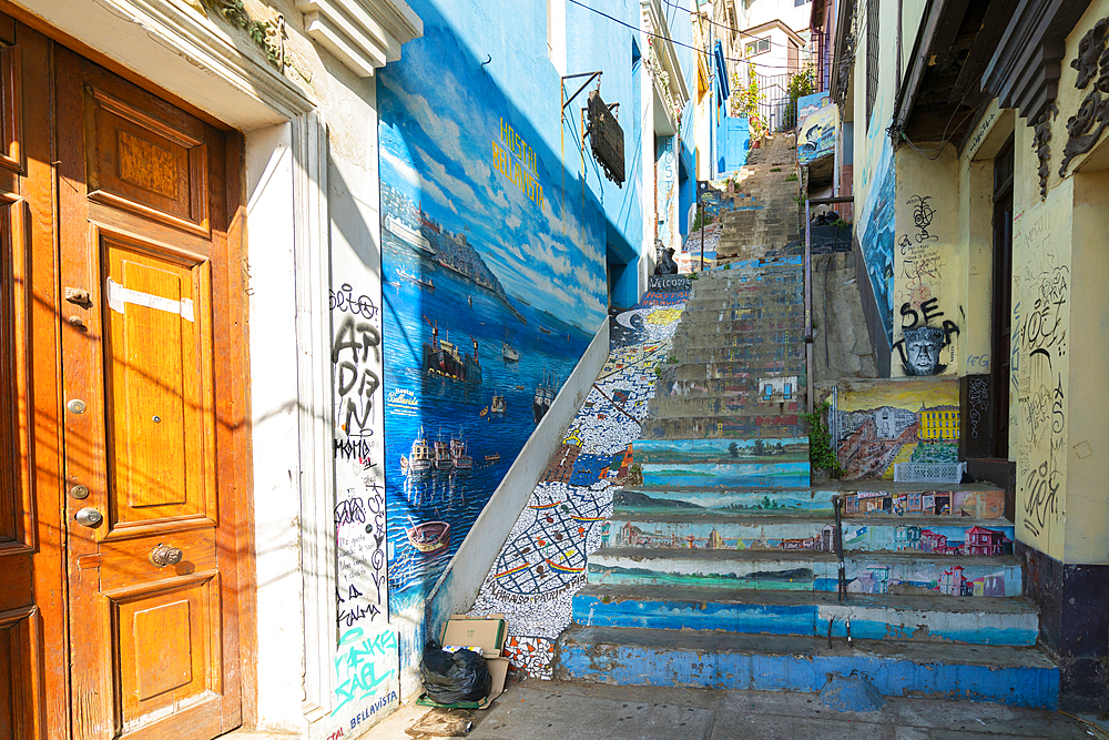 Blue staircase in narrow alley, Cerro Bellavista, Valparaiso, Valparaiso Province, Valparaiso Region, Chile, South America