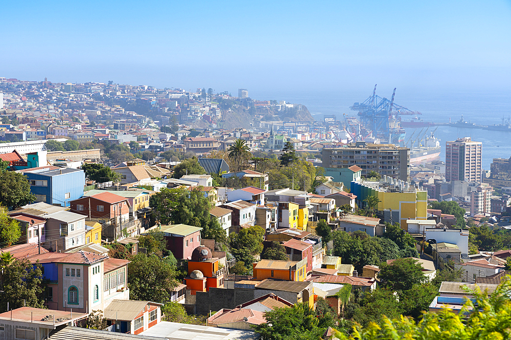 Colorful houses of Valparaiso with harbor in background, Valparaiso, Valparaiso Province, Valparaiso Region, Chile, South America