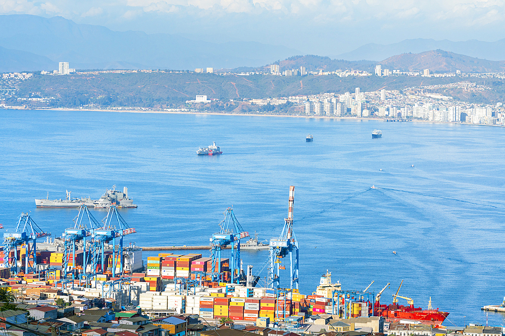 High angle view of cranes and cargo containers stacked at Port of Valparaiso, Valparaiso, Valparaiso Province, Valparaiso Region, Chile, South America