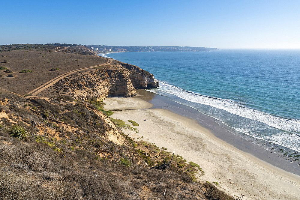 Elevated view of Quirilluca beach, Puchuncavi, Valparaiso Province, Valparaiso Region, Chile, South America