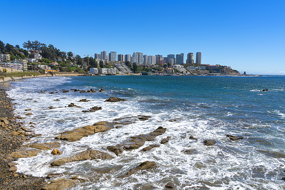 Bahamas beach and highrise buildings in background, Concon, Valparaiso Province, Valparaiso Region, Chile, South America