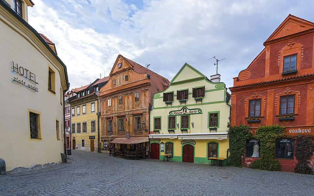 Houses with colorful facades at Kajovska street, UNESCO World Heritage Site, Cesky Krumlov, Czech Republic (Czechia), Europe