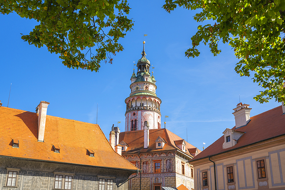 State Castle and Chateau Cesky Krumlov tower amidst blue sky, UNESCO World Heritage Site, Cesky Krumlov, South Bohemian Region, Czech Republic (Czechia), Europe