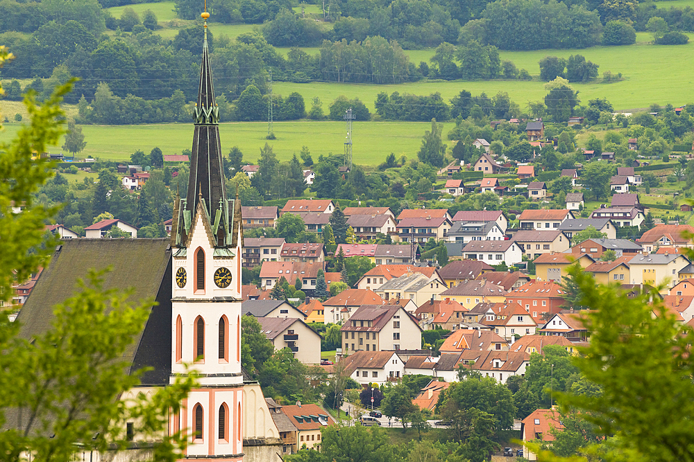 Tower of St. Vitus Church, Cesky Krumlov, UNESCO World Heritage Site, South Bohemian Region, Czech Republic (Czechia), Europe