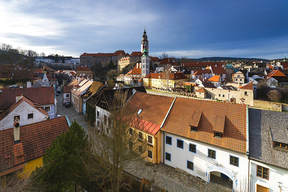 Historic center of Cesky Krumlov as seen from Seminar Garden, Cesky Krumlov, South Bohemian Region, Czech Republic (Czechia), Europe