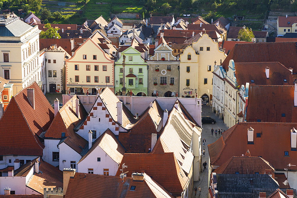 High angle view of houses in historical center of Cesky Krumlov, UNESCO World Heritage Site, Cesky Krumlov, Czech Republic (Czechia), Europe