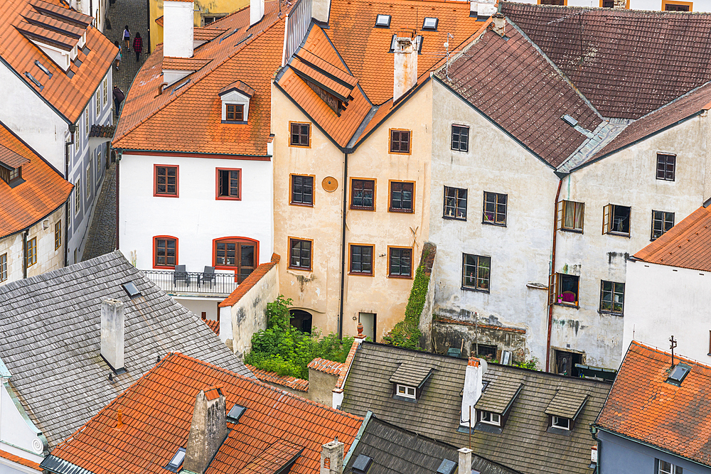 High angle view of houses in historical center of Cesky Krumlov, UNESCO World Heritage Site, Cesky Krumlov, Czech Republic (Czechia), Europe