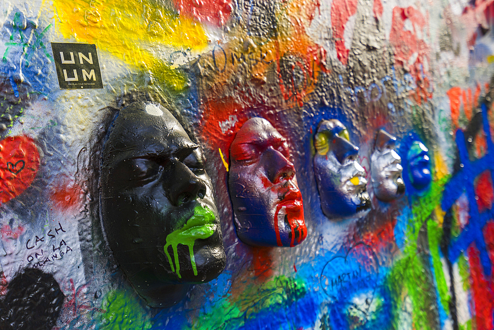 Close-up of artwork faces at John Lennon Wall, Prague, Bohemia, Czech Republic (Czechia), Europe