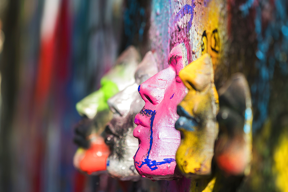 Close-up of artwork faces at John Lennon Wall, Prague, Bohemia, Czech Republic (Czechia), Europe