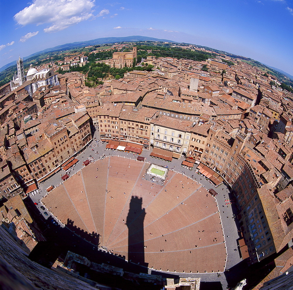 Aerial view of the Piazza del Campo and the town of Siena, Tuscany, Italy 