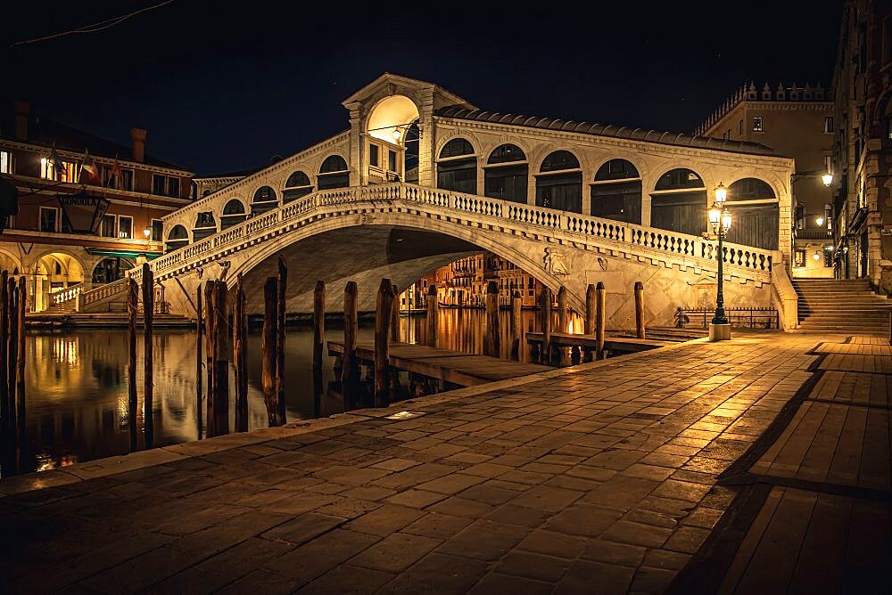 Night view of the Rialto Bridge, Grand Canal, Venice, Veneto, Italy