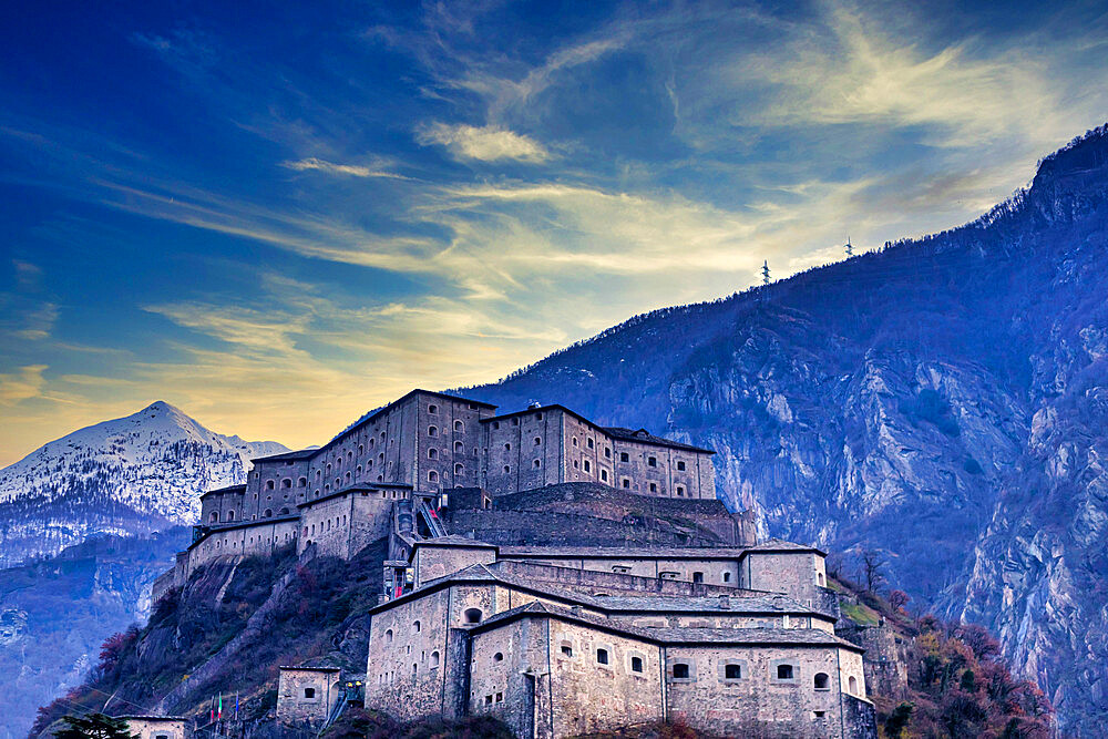 The Fort of Bard at sunset, Aosta, Aosta Valley, Italy, Europe